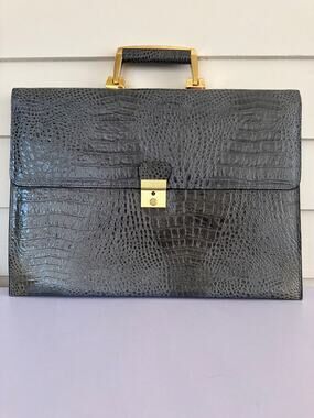 Vivace Vintage Grey Crocodile Embossed Leather Briefcase Attache Portfolio Lock
